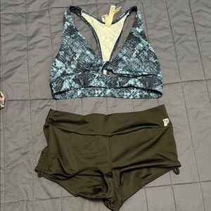 Victoria's Secret Blue Patterned Sports Bra and Black Shorts